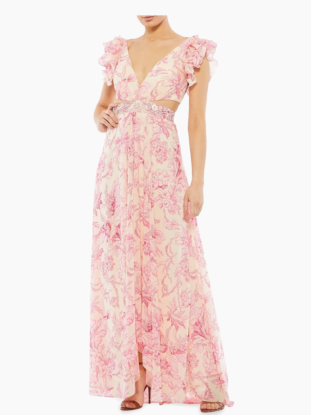 Mac Duggal Pink and Cream Floral Maxi Dress with Ruffle Sleeves